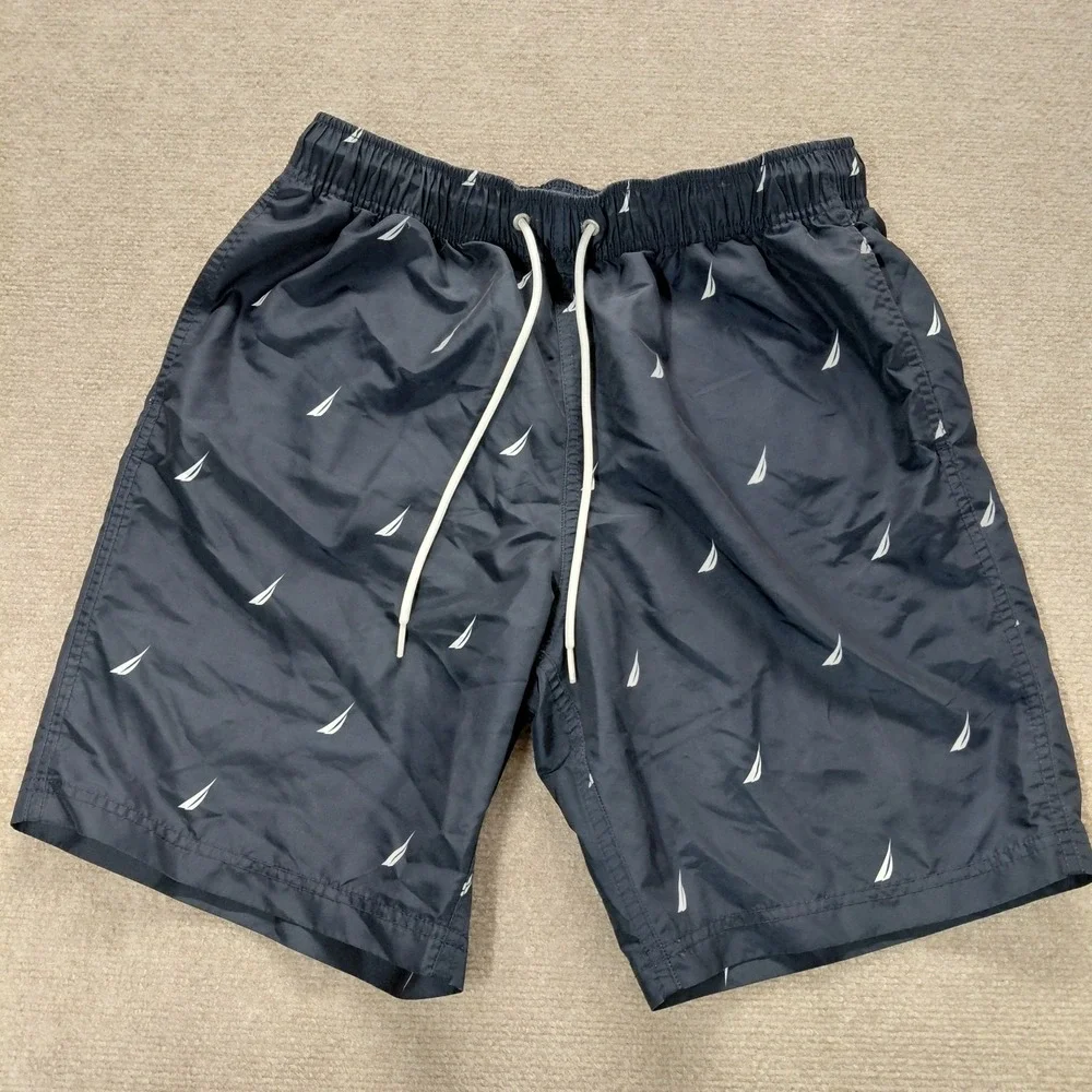 Nautica Men's Swim‎ Trunks Navy Blue All Over Logo Size MEDIUM Pockets Lined